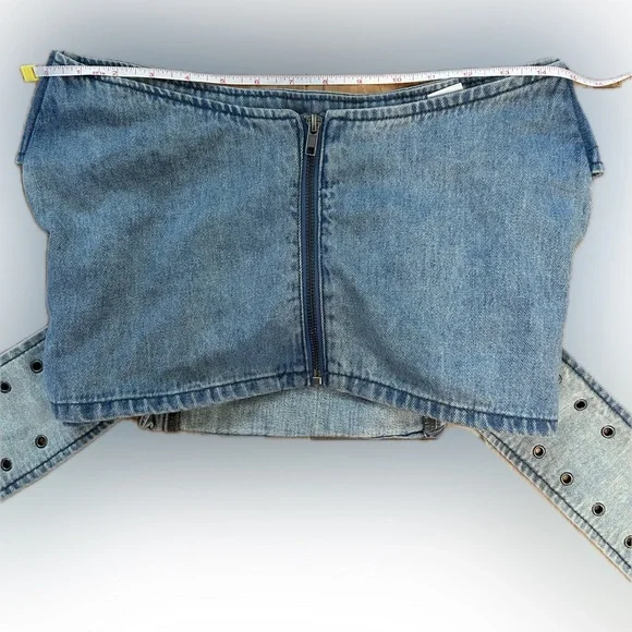 NWT Fashion Nova SZ XS blue denim strapless top w/belt accents/rear zip/bust 28” - Picture 11 of 12